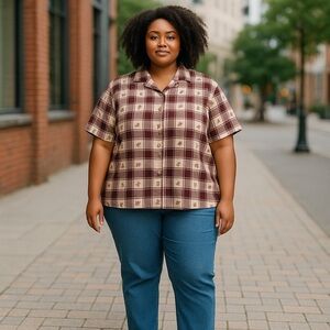 WHITE STAG Women’s Plus Size 22W/24W Cotton  Short Sleeve Red Plaid Cami Shirt